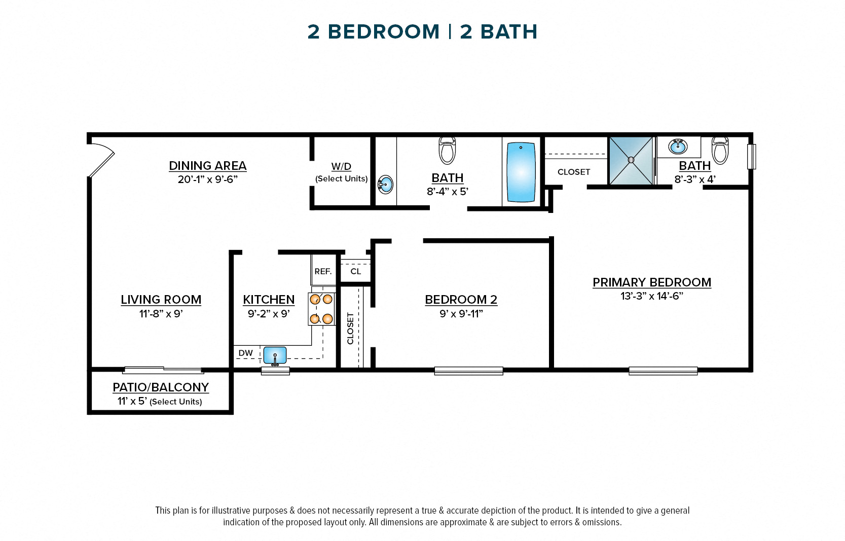 Floor plan for 2 beds, 2 baths, 950 sqft